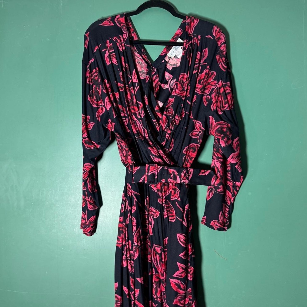 Together! Vintage 90s Black Red Floral Rose Maxi Dress Belted NWT Size 14